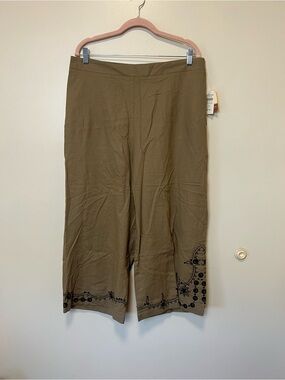 Coldwater Creek Brown Embroidered Hem Wide-Leg Pants. Size XL NWT